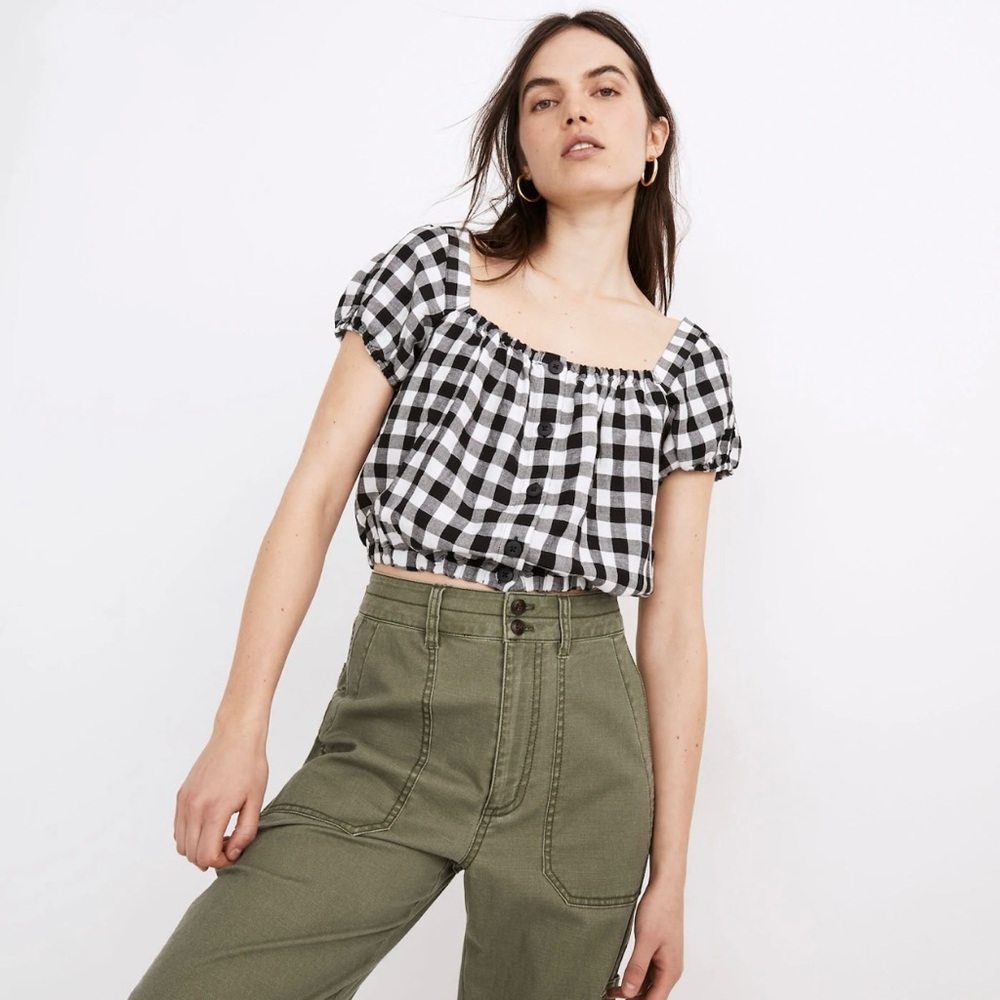 Madewell Linen-Blend Puff-Sleeve Button-Front Crop Top in Gingham Check